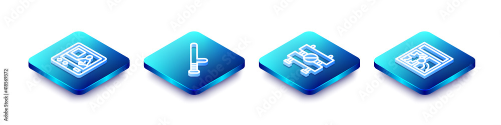 Set Isometric line Television report, Police rubber baton, Road barrier and Broken window icon. Vector. Set Isometric line Television report, Police rubber baton, Road barrier and Broken window icon. Vector.