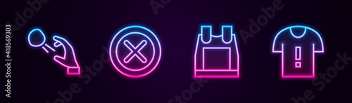 Set line Hooligan shooting stones, X Mark, Cross circle, Bulletproof vest and T-shirt protest. Glowing neon icon. Vector.