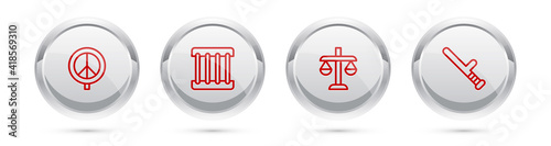Set line Peace, Prison window, Scales of justice and Police rubber baton. Silver circle button. Vector.