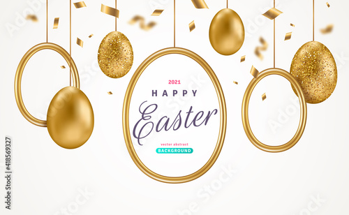 Easter card with realistic gold eggs, round frame and confetti on white background. Vector illustration. Poster, holiday banner, flyer or greeting voucher design template layout. Place for text.
