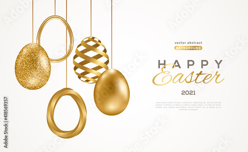 Easter card with modern trendy gold eggs set on white background. Vector illustration. Poster, holiday banner, flyer or greeting voucher, brochures design template layout. Place for text.