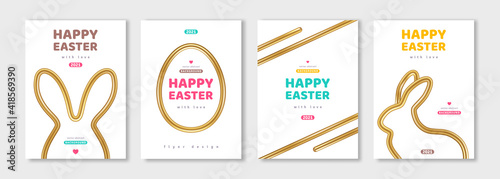 Posters set with abstract bunny and egg silhouettes, shiny gold frames and borders. Vector illustration. Holiday banner, flyer or greeting voucher, brochure design template layout. Place for text.