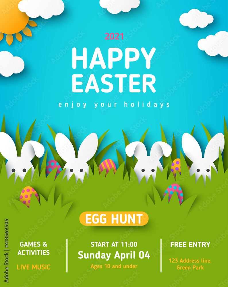 Easter egg hunt announcing poster with white paper cut bunny rabbits in spring lawn grass, hidden colored eggs, party flyer, banner or invitation template layout. Vector illustration. Place for text