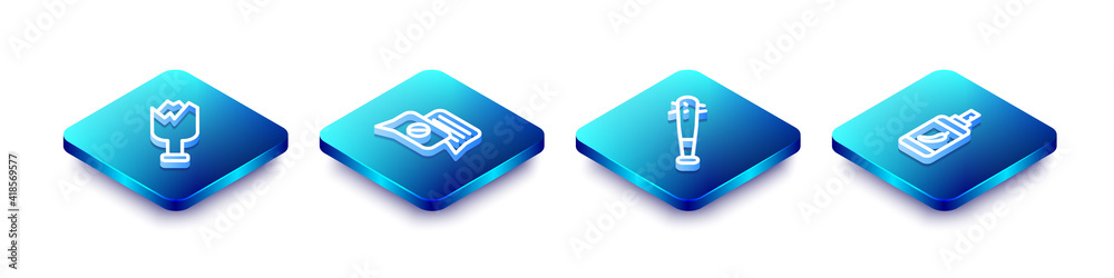 Set Isometric line Broken bottle as weapon, Speech bubble chat, Baseball bat with nails and Pepper spray icon. Vector. Set Isometric line Broken bottle as weapon, Speech bubble chat, Baseball bat with nails and Pepper spray icon. Vector.