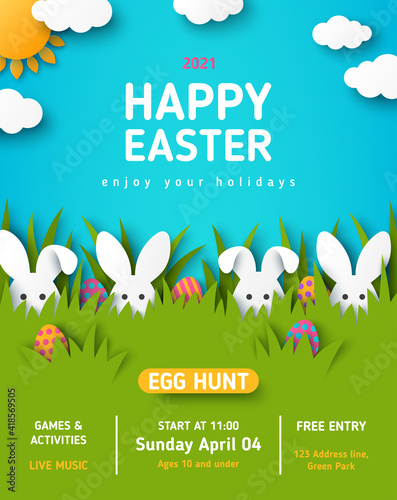 Fotografia Easter egg hunt announcing poster with white paper cut bunny rabbits in spring lawn grass, hidden colored eggs, party flyer, banner or invitation template layout