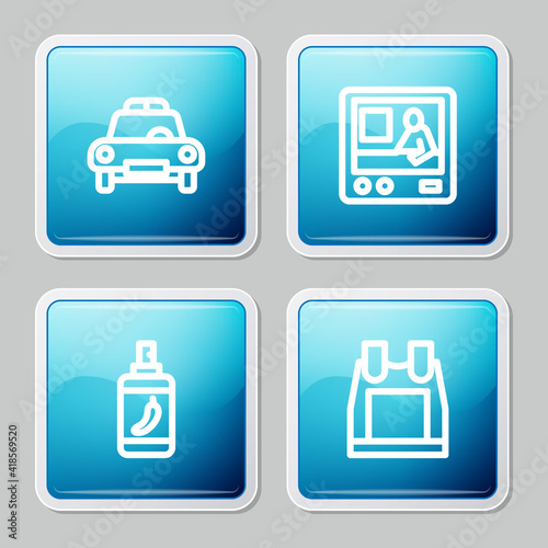 Set line Police car and flasher, Television report, Pepper spray and Bulletproof vest icon. Vector.