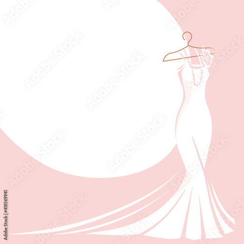 A beautiful wedding dress decorated with flowers hangs on a hanger. Beauty and fashion. Background vector illustration template.