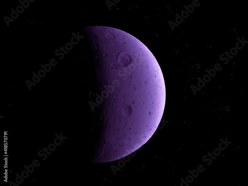 bright purple planet with craters on the surface, half of the planet in shadow. Travel to exoplanets. 