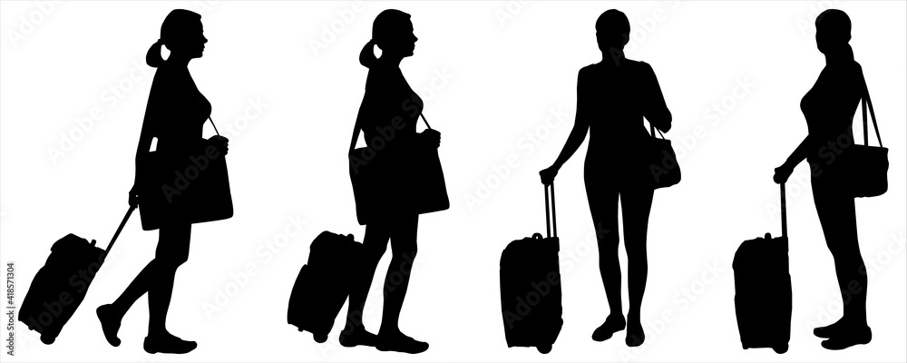 Obraz premium Set of four silhouettes of girls, women with baggage. Female silhouette with a bag over shoulder and a bag on wheels. Girl travels with luggage. Woman with two bags. Side view, profile, full face.