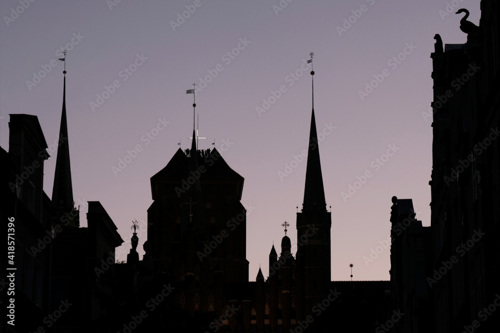 Contour photo of Old Town of Gdansk - towers of Saint Mary Church. Poland.