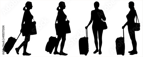 Set of four silhouettes of girls, women with baggage. Female silhouette with a bag over shoulder and a bag on wheels. Girl travels with luggage. Woman with two bags. Side view, profile, full face.