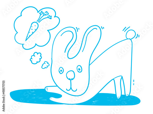 A funny hand-drawn rabbit thinks about a carrot.