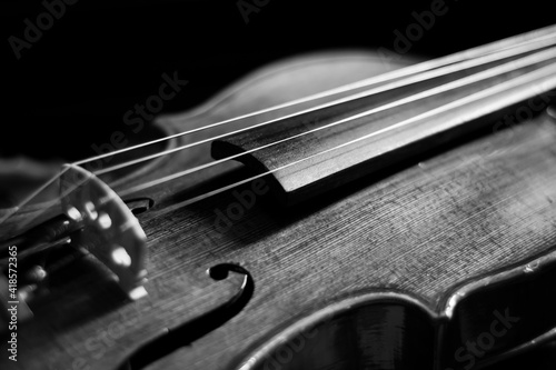close up of a violin with dark background for copy space