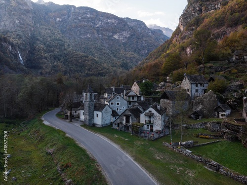 Aerial panorama of charming hamlet Ritorto rustico stone rock houses in nature Bavona Valley Ticino Switzerland alps photo