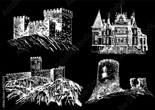 Graphical set of fortresses isolated on black background,vector elements of architecture. Vector illustration