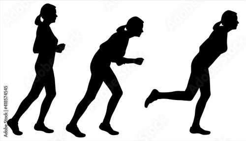 Set silhouettes - girls, women on the move, action, runs, catches up, overtakes. Sport Relay Race. Sports activities, training. Girl, woman with the tail of hair on the head. Side view, full face.