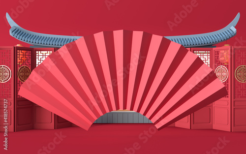 Fold fan with Chinese classical background, 3d rendering.
