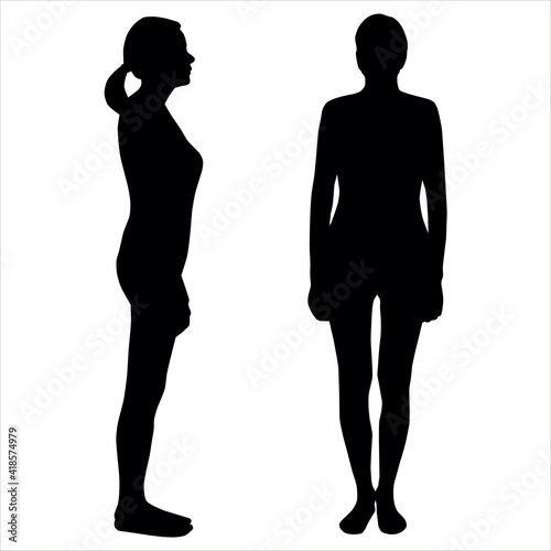 Two silhouettes of girls, women without movement, stand straight, upright. Female silhouette with hair gathered in a ponytail. Side view, profile, full face. Back is straight, arms lie along the body.