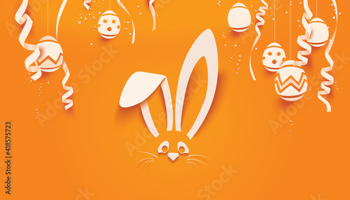 Easter Bunny card in paper cut style with eggs and confetti for seasonal Easter holidays greetings and invitations cards, vector illustration