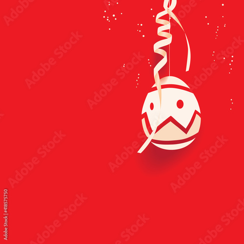 Happy Easter greeting card with color paper cut Easter Egg and confetti isolated on a red background