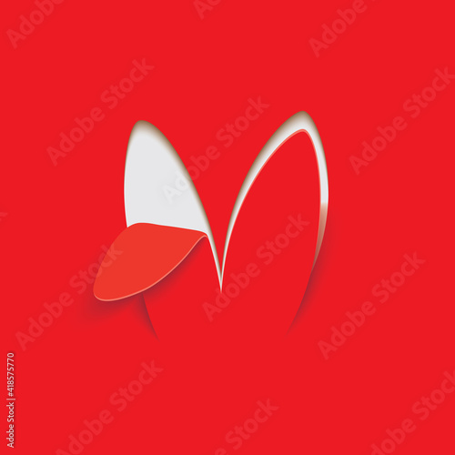 Red Happy Easter greeting card with color paper cut Easter Bunny Ears isolated on a white background