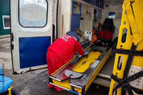 Photography Cleaning the ambulance after the call. 06.03.2021 Kyiv. Ukraine