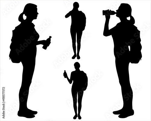 Set of four silhouettes girl, woman. Climber with a backpack and with a bottle in hands. Pose of the tourist, hiker, traveler who decides to have a rest and drink waters, liquids from a bottle. 