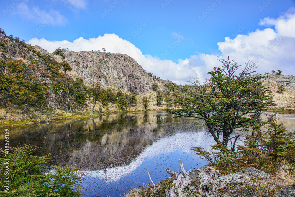 Reflections on the Lagunas Altas trail, Patagonia National Park, Aysen, Patagonia, Chile