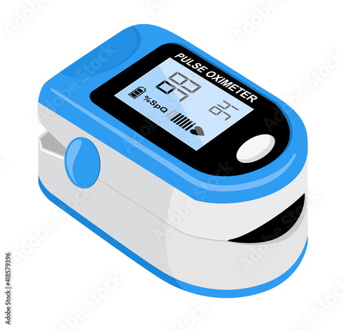 Pulse oximeter icon on the median finger for measuring oxygen in the blood. Health care for blood saturation test. Vector illustration