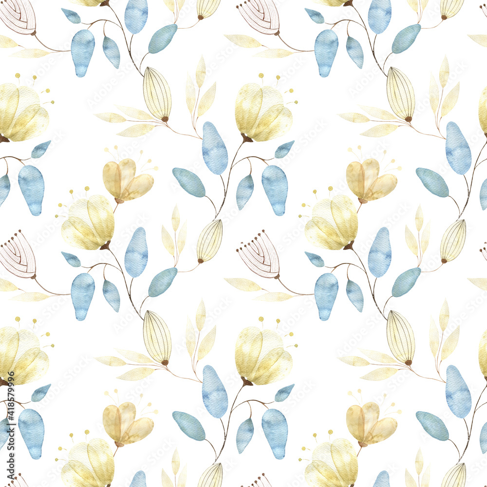 Watercolor seamless pattern with golden flower buds, large abstract flowers and leaves on a white background, Watercolor pattern for fabrics, decoration, dresses, packaging. Watercolor seamless pattern with golden flower buds, large abstract flowers and leaves on a white background, Watercolor pattern for fabrics, decoration, dresses, packaging.