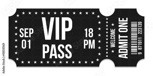 Vip ticket. Template entrance ticket vip-pass. Admit one.
