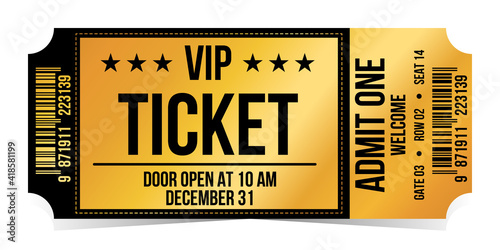 Vip ticket. Golden vip ticket. Template entrance ticket vip-pass. Admit one.
