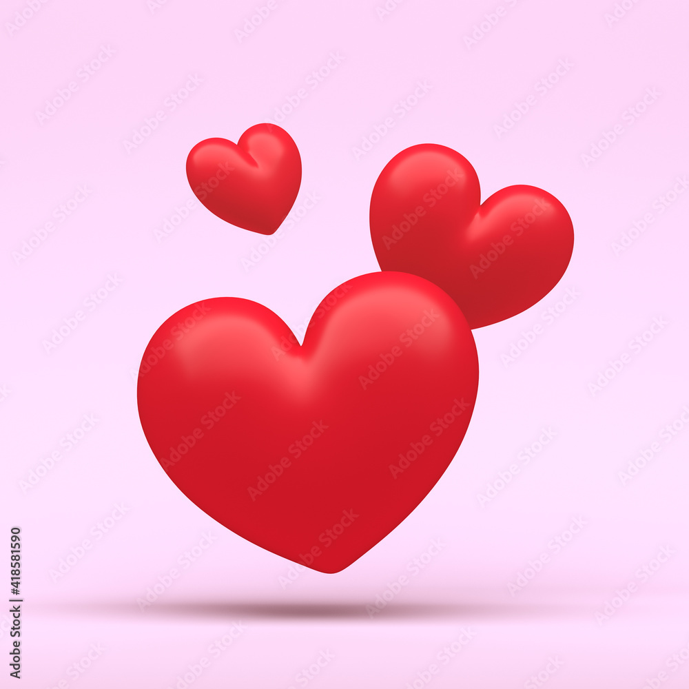 3d family of hearts on extra light pink pastel background with clear shadow illustration. 3d render love or like.