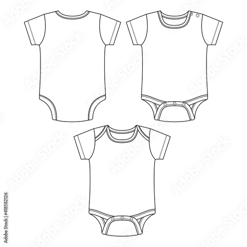 Vector Baby Bodysuit. Infant Layette Clothing Elements. Fashion flat sketch template. Technical Fashion Illustration. 