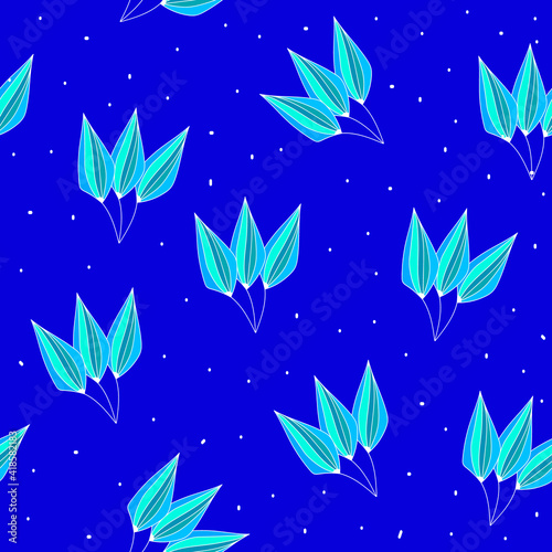 Seamless pattern with hand drawn vector absteact blue leaves and dots,tender womans illustration for wrap,cover and wallpaper and interior design,textile print,simple botanical motif,red background photo