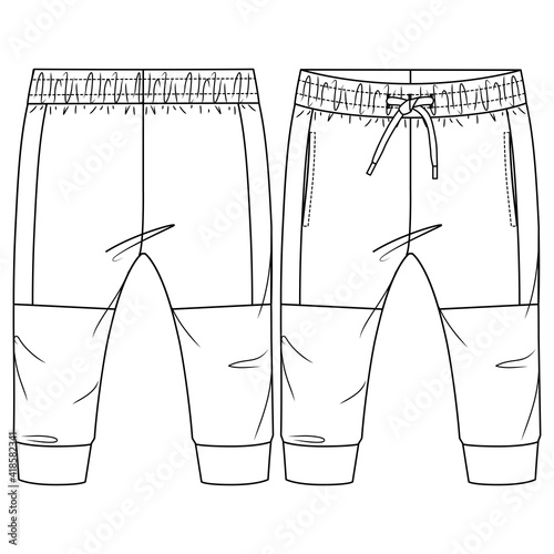 Baby Boys Cut and sew Fleece Jogger Pant fashion flat sketch template. Technical Fashion Illustration. Knit Pant CAD. Urban Look. Fake Drawcord