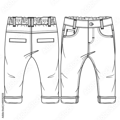 Baby Boys Woven Pant fashion flat sketch template. Technical Fashion Illustration. Rolled up Hem. Back Welt Pockets