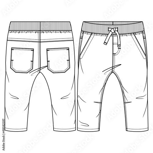 Baby Boys Pant fashion flat sketch template. Technical Fashion Illustration. Woven CAD. Rib waistband with fake drawcord