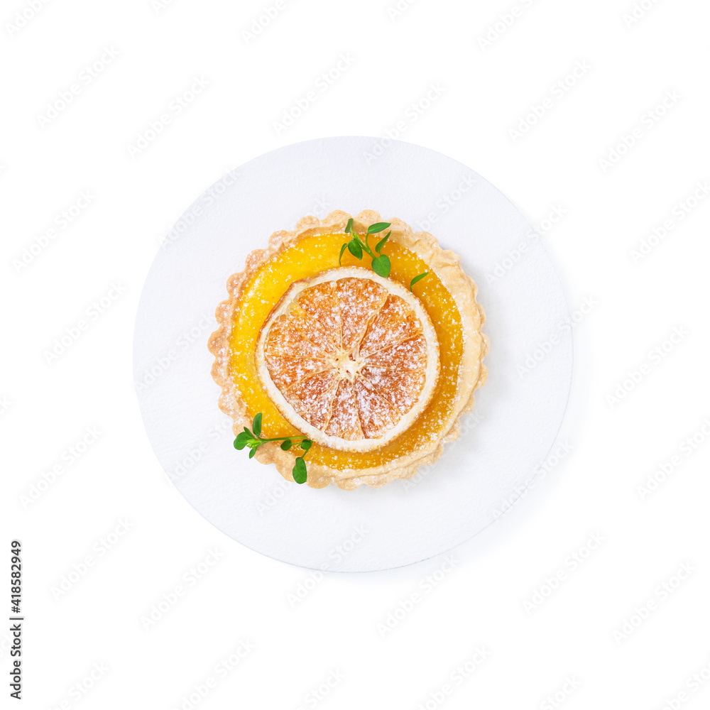 Traditional french lemon tart, top viewTraditional french lemon tart, with orange slice Traditional french lemon tart, top viewTraditional french lemon tart, with orange slice