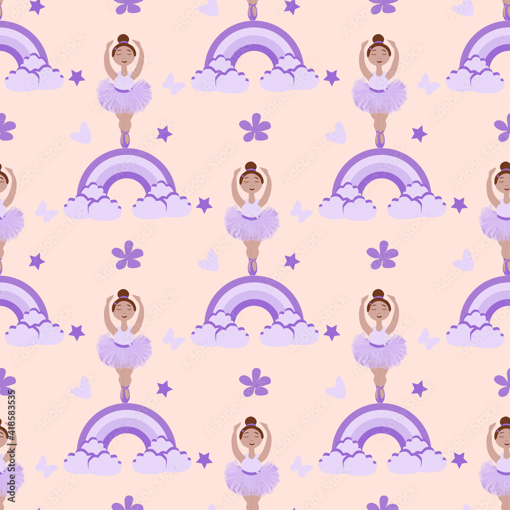 vector seamless pattern with a little ballerina on a rainbow