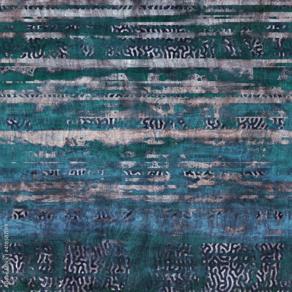 Obraz premium Seamless grungy tribal ethnic rug motif pattern. High quality illustration. Distressed old looking native style design in faded turquoise and gray colors. Old artisan textile seamless pattern.