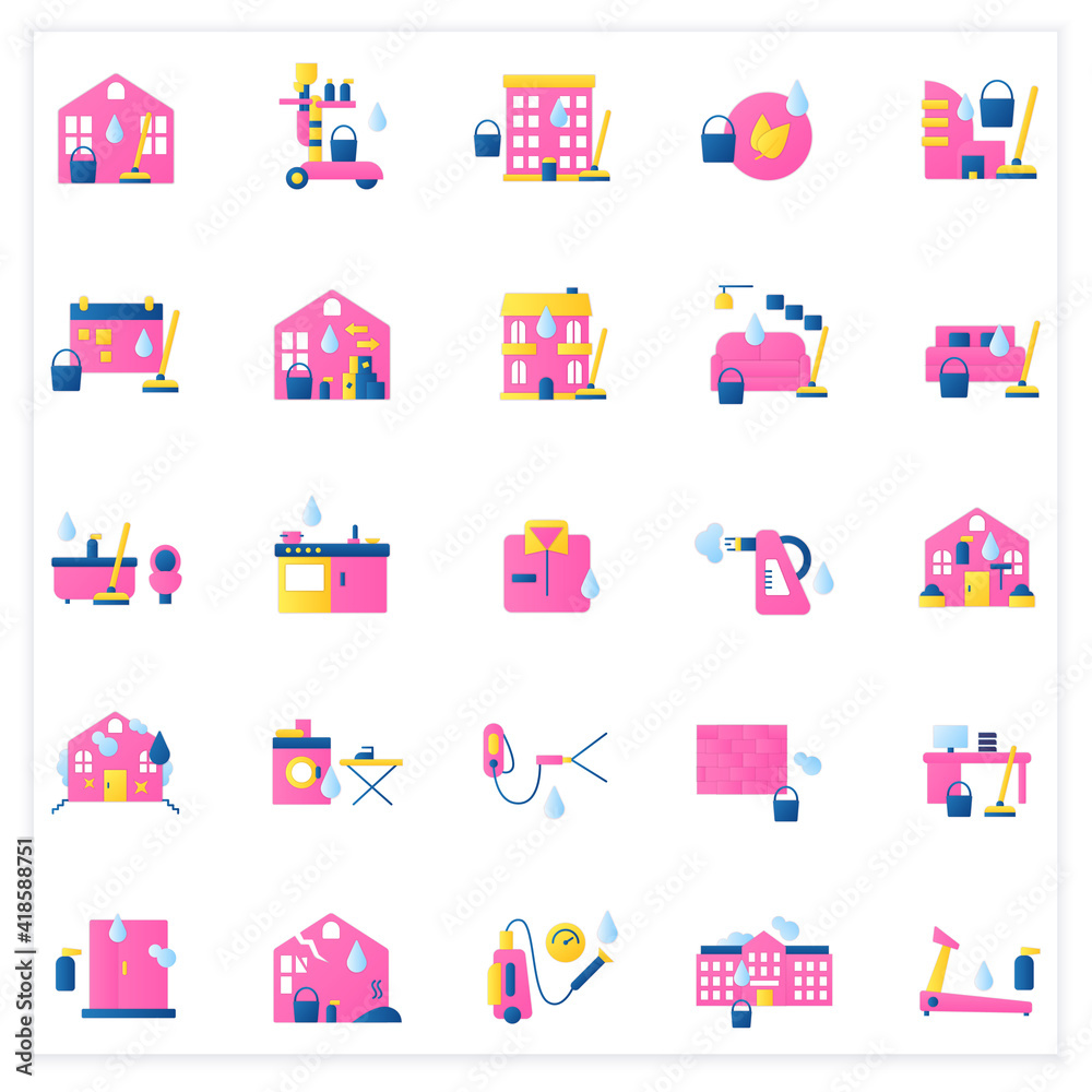 Cleaning services flat icons set.Consists of house cleaning, apartments, commercial, services, pressure washing, sanitizing service. 3d vector illustrations