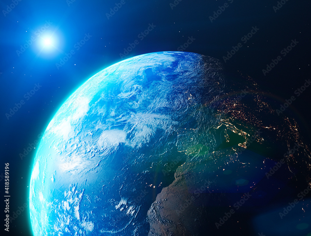 Obraz premium Satellite view of the Earth seen from space. The sun rising over the Europe and north Africa. Cities illuminated in the night. Sunrise. 3d render
