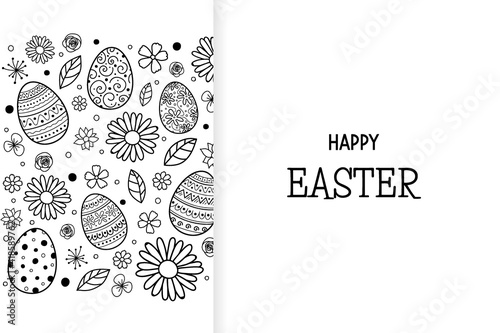 Easter greeting card with decorative eggs nad flowers. Vector