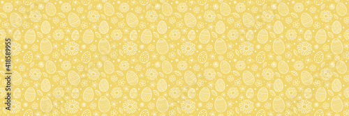 Concept of Easter pattern with hand drawn eggs and flowers. Banner. Vector