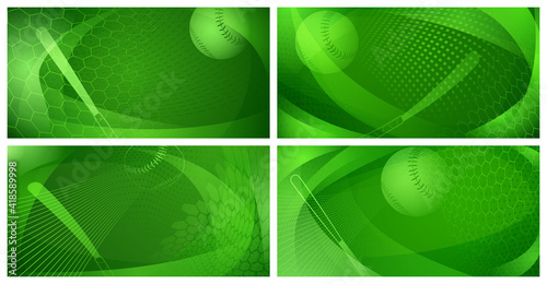 Set of four backgrounds with baseball bat and ball in green colors