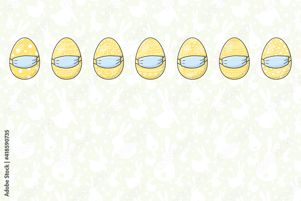 Easter eggs with face masks. Concept of greeting card template during coronavirus pandemic. Vector Easter eggs with face masks. Concept of greeting card template during coronavirus pandemic. Vector