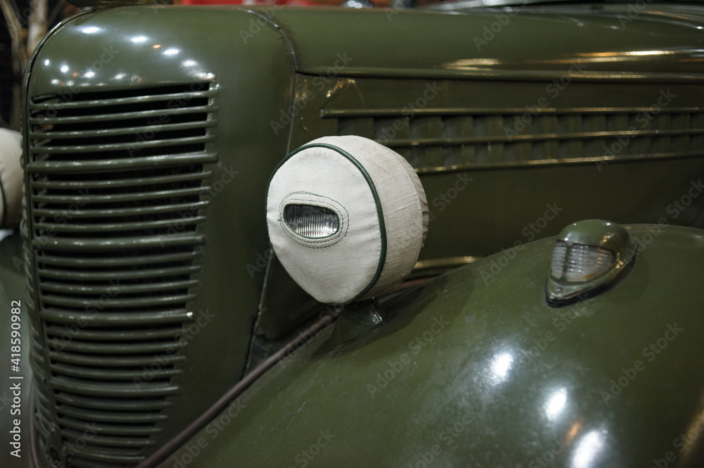 Front part of an old military car close up