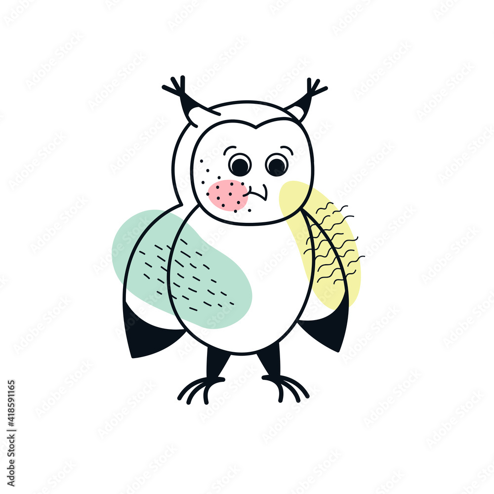Owl outline color drawing. Abstract line animal illustration on white background Owl outline color drawing. Abstract line animal illustration on white background