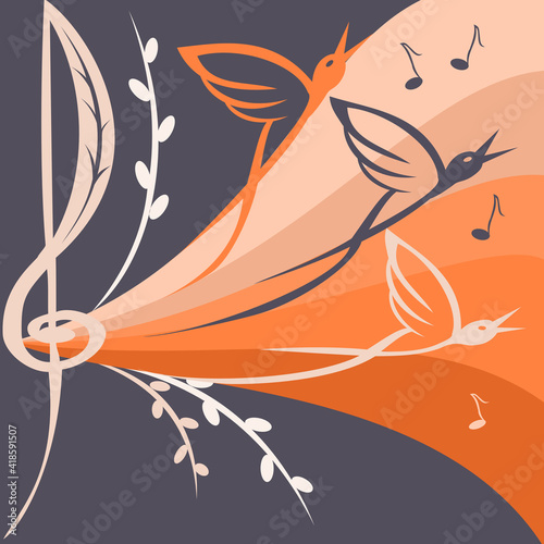 Singing birds and budding willow branches. Vector illustration